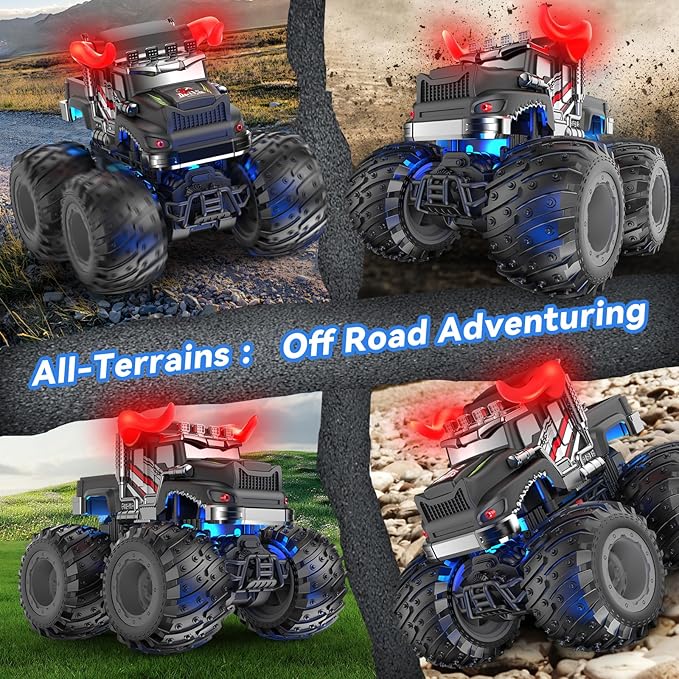 Remote Control Monster Trucks, 2.4GHz All Terrain RC Cars with Light Spray, Birthday Gift for Kids 3 4 5 6 7 8, Toddler Toys for Boys Girls 3+ Year Old