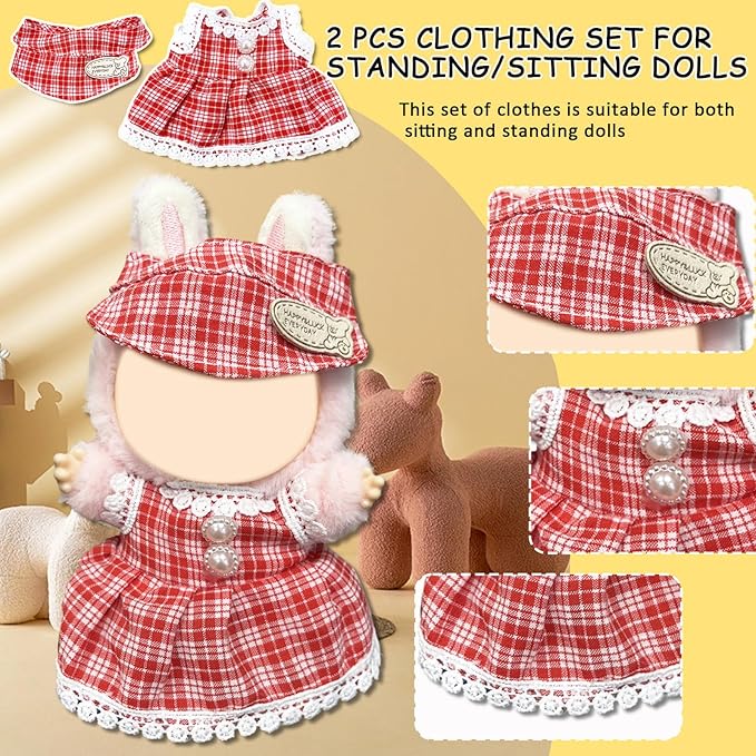 Doll Clothes for Labubu,Cute Outfit for 17cm Doll Clothe 2/3PCS Clothes and Hats Stylish Dolls Clothe for 17 cm Labubu,Casual Style Costumes for Labubu Dolls (Yellow red Plaid Set)