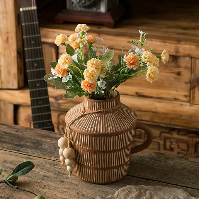 Mowtanco Rustic Farmhouse Vase with Handle and Boho Wooden Beads - Terracotta Vase with Vertical Stripes for Vintage Home Decor