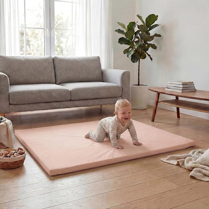 Huloo Sleep Baby Play Mat 47x47 Inches, 1.3" Thick Padded Waterproof Floor Cushion & Playpen Mat with Vegan Leather, Non-Slip & Non-Toxic Nursery Rug for Infants, Toddlers & Kids(Pink)