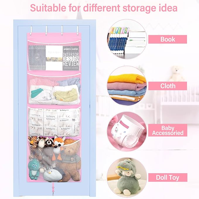 Hanging Stuffed Animal Storage, Over Door Large Plush Toy Organizer with Metal Hook, Baby Accessory Holder Idea for Nursery, Doll & Bear Mesh Hammock Bag for Girl Boy Kid Room