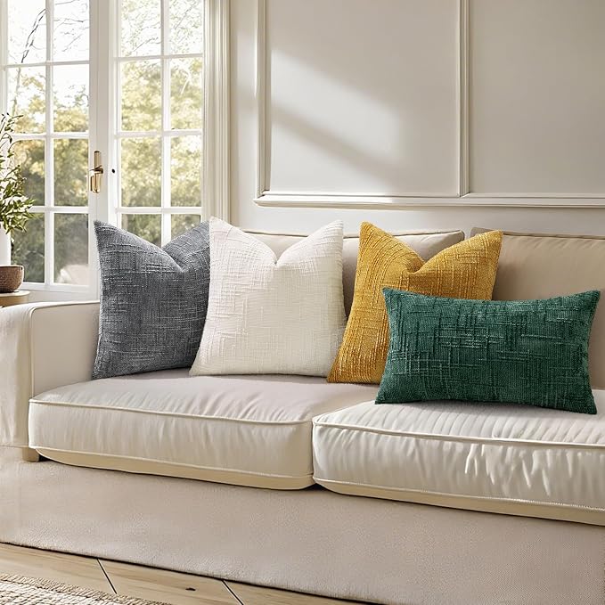 decorUhome Textured Chenille Throw Pillow Covers 20x20 Set of 2 Green | Fall Modern Farmhouse Soft Cozy Slubby Couch Pillow Cases Boho Decorative Pillow Cases for Bed Sofa Living Room Home Decor