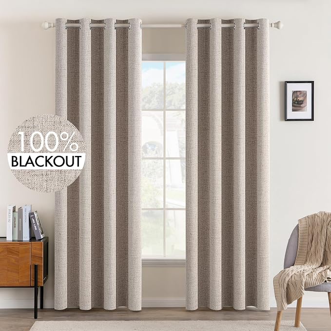 MIULEE Linen Texture Curtains for Bedroom Solid 100% Blackout Thermal Insulated Khaki Curtains Grommet Room Darkening Drapes for Living Room 52x108 Inch (2 Panels)