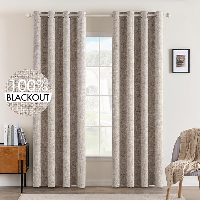 MIULEE Blackout Curtains for Bedroom Polyester Texture Thermal Insulated Natural Khaki Grommet Room Darkening Curtains & Drapes Luxury Decor for Living Room 52 x 90 Inch (2 Panels)