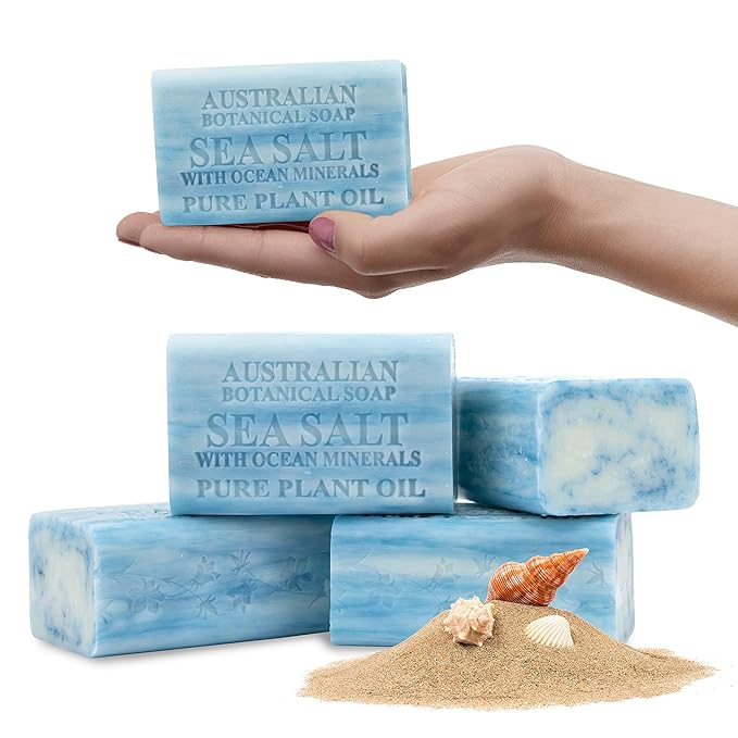 Australian Botanical Soap Sea Salt with Ocean Minerals – Triple Milled 6.6 oz Bar Soap with Shea Butter, Face Hand & Body Soap Bars, Pack of 4