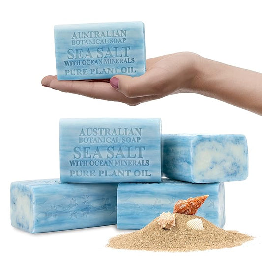 Australian Botanical Soap Sea Salt with Ocean Minerals – Triple Milled 6.6 oz Bar Soap with Shea Butter, Face Hand & Body Soap Bars, Pack of 4