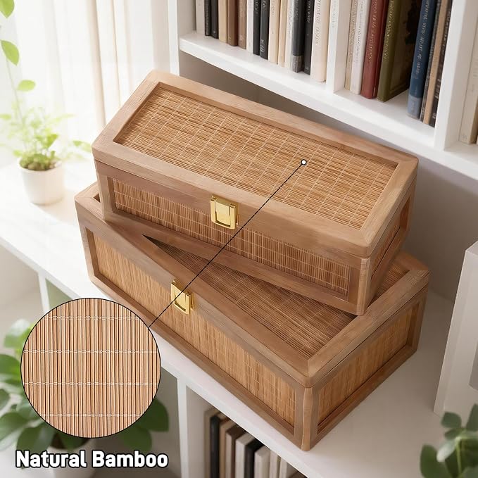 Natural Bamboo Decorative Box with Lids, Unique Decorative Boxes Set of 2, Boho Wedding Keepsake Box, Memory Box with Lid for Crafts, trinkets and Photo Storage