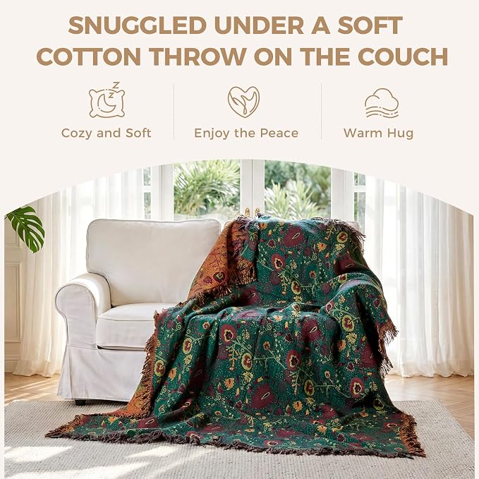 LUTBM Boho Throw Blanket for Bed 60"x80", 100% Cotton Cozy Couch Blankets | Forest Green Reversible Floral, All-Season Twin Quilt, For Chair Sofa Living Room Decor, Lightweight & Breathable, Women Gift