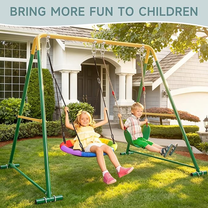 2-in-1 Swing Set for Backyard for Kids, with 1 Platform Swing, 1 Belt Swing, 440lbs Metal Swing Set for Toddler, Heavy-Duty Swing Stand w/8 Ground Stakes, Outdoor Swingset for Kids Adults (Green)