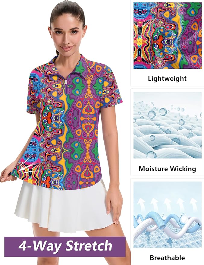 LOMON Womens Golf Polo Shirt Summer Short Sleeve Quarter Zip Outfit | Side-Pockets,Princess Seams,Cotton,Wrinkle Free,Moisture Wicking,Quick-Dry,Lightweight,Collared,for Tennis Workout