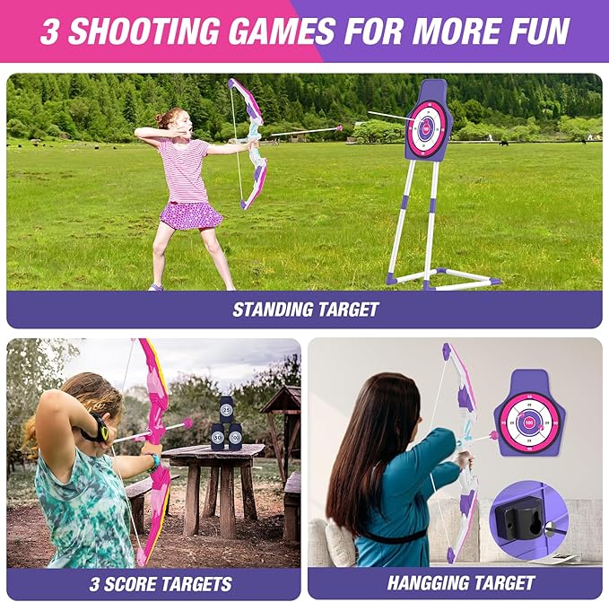 2 Pack Bow and Arrow for Kids 4-6, LED Light Up Archery Set with 24 Suction Cup Arrows, 1 Standing Target, 6 Score Targets & 2 Quiver, Indoor Outdoor Sport for Girls Ages 8-12