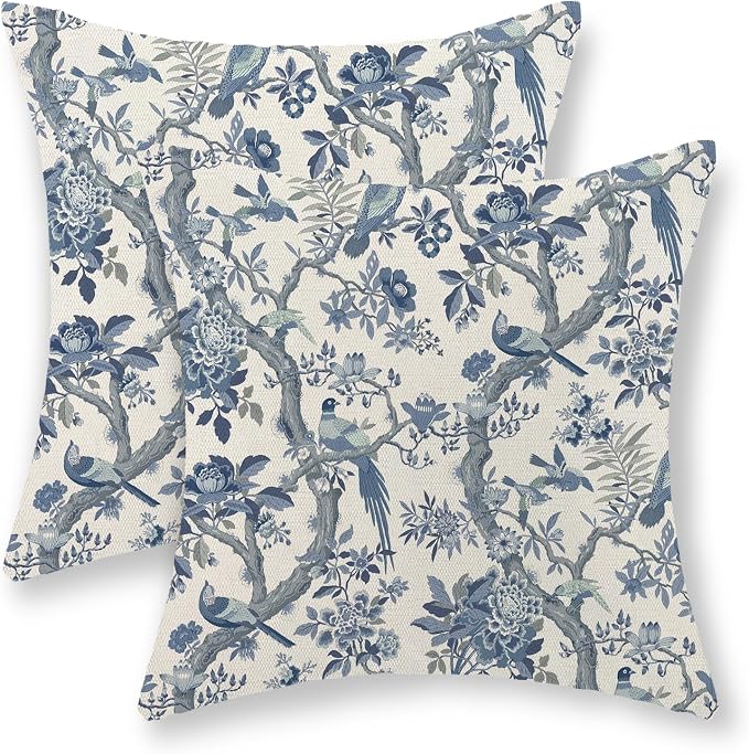 Chinoiserie Pillow Covers 20x20 Set of 2 Blue and White Bird Floral Throw Pillows Vintage Blue Flowers Decorations Outdoor Pillowcase Chinoiserie Decor Farmhouse Cushion Case for Couch Home