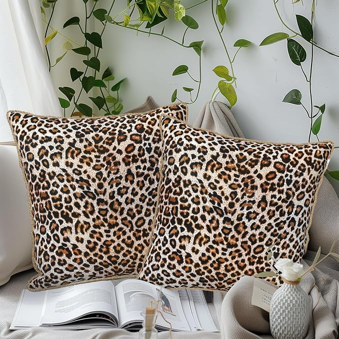 KSLIDS Leopard Print Faux Fur Soft Velvet Throw Pillow Covers Set of 2 Brown Black Cheetah Decorative Pillow Covers 20x20 Inch Animal Pillow Case for Sofa Couch Bedroom Farmhouse Home Decor