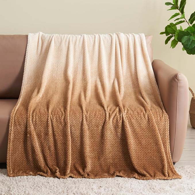 NEWCOSPLAY Fleece Leaves Pattern Throw Blanket, Ombre Brown, 50"x60" | Super Soft Throw Blanket, Lightweight Cozy Bed Sofa Blanket, Premium Silky Flannel Fleece, Travel Blanket for All Season Use