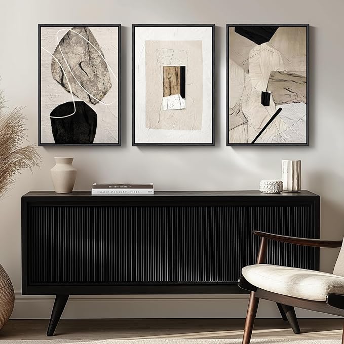 Large Framed Neutral Abstract Wall Art, 3 Piece Modern Canvas Prints Paintings Artwork for Walls, Minimalist Black Beige Pictures for Living Room Hallway Dining Room Bedroom Wall Decor -Total 30x60 In