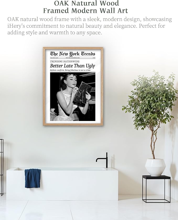 iHery 12x16in Hepburn Better Late Than Ugly Framed Bathroom Wall Art | Natural OAK Wood Frame with Canvas Print, Retro Black and White Decor for Bathroom, Bedroom, Apartment and Girly Room, 1Pack
