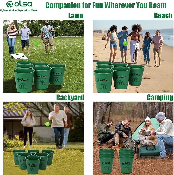 Olsa Yard Pong Outdoor Games, Giant Yard Pong Yard Game with 12 Buckets, Balls, Strength Carrying Bag for Backyard Beach Lawn Park Camping, Toss Outdoor Games for Adults and Family(Green)