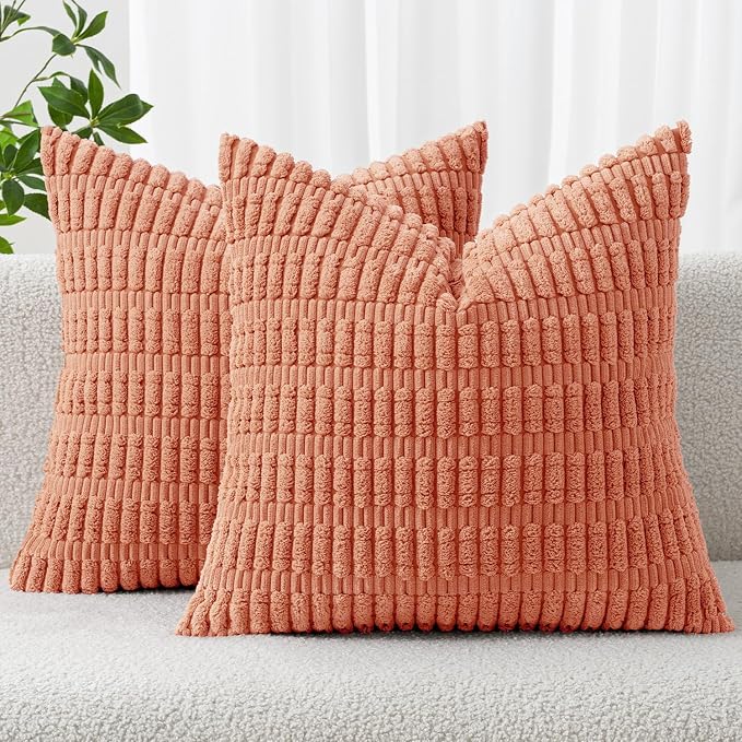 MIULEE Corduroy Decorative Throw Pillow Covers 20x20 Coral Pack of 2 | Soft Boho Striped Pillow Covers Modern Farmhouse Home Decor For Sofa Living Room Couch Bed
