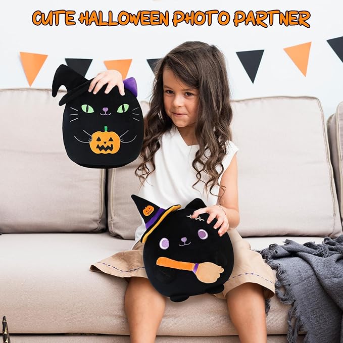 Halloween Cat Stuffed Animal Toy Cute Witch with Pumpkin Stuffed Plush Home Decor Halloween Party Gifts for Kids Girls and Boys（Witch Pumpkin Cat, 10 Inch）