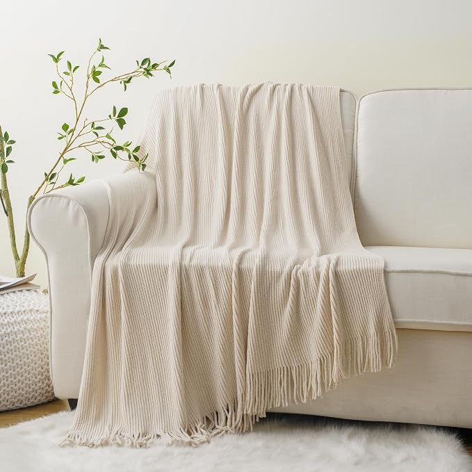BATTILO HOME Beige Throw Blanket for Couch, Soft Chenille Knit Throws with Tassels for Home Decor, White Cream Throws for Bed Couch Cover, 60"x80"