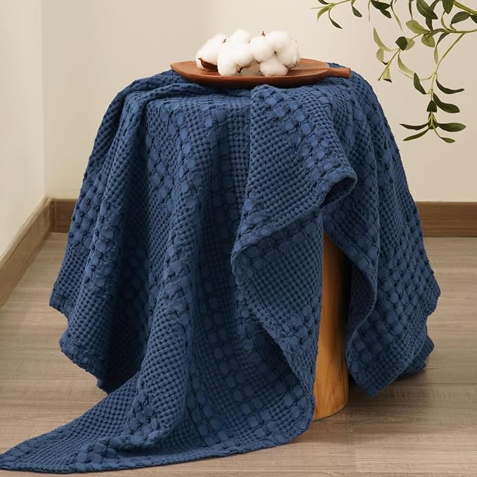 PHF 100% Cotton Waffle Weave Throw Blanket, Lightweight Breathable Summer Blanket for Couch Sofa, Pre-Washed Soft Throws for Bed, Office, Travel & Stylish Home Decor, 50"x60", Bright Navy