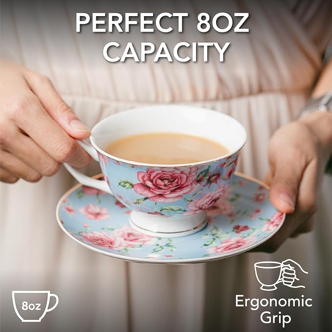 BTaT- Floral Tea Cups and Saucers, 8 oz, Fine Porcelain Teacup Set with Gold Trim for Afternoon Tea, Weddings, Parties & Gifting, Dishwasher Safe, Lightweight, Non-Toxic, Set of 4