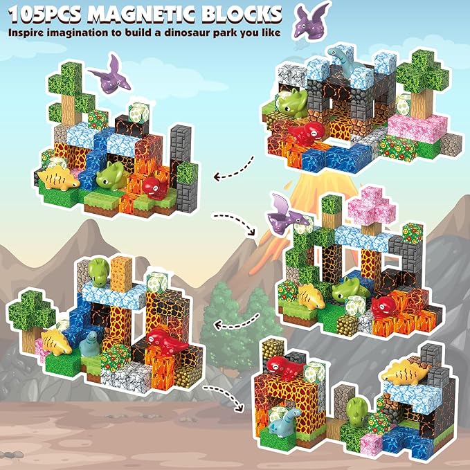 Magnetic Blocks Building Toys, 1" Light Up Dinosaur Building Blocks Magnet Cubes Tiles for Toddlers Boys Girls 3+, Build Jurrasic Scenes STEM Sensory Construction Toys