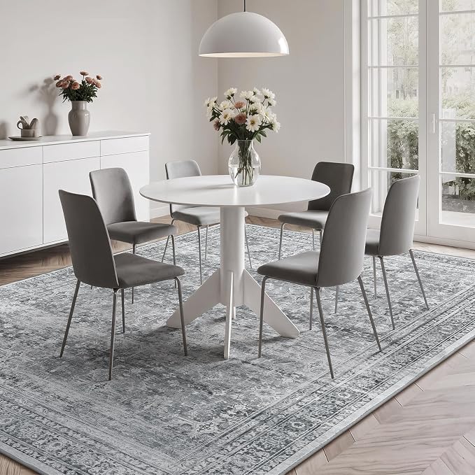 5x7 Area Rug for Living Room Bedroom, Non-Slip Washable Grey Carpet | Soft Neutral Rugs for Dining Room Home Office Indoor Nursery, Stain Resistant, Low Pile, Foldable, Vintage Distressed Rug