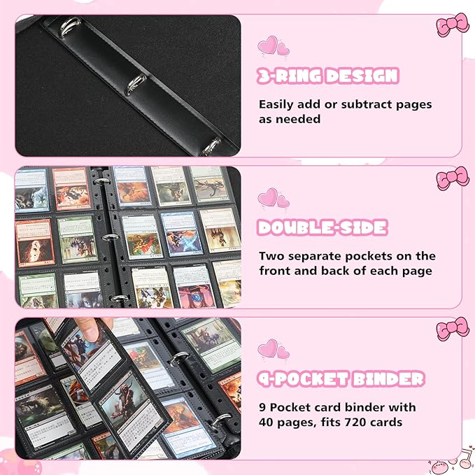 9 Pocket Card Binder for Pokemon Card, 720 Pockets Card Binder Holder with 40 Removable Sleeves, 3-Ring Zip Design Trading Card Albums for MTG/TCG/Sport Collectible Gifts for Boys and Girls (Pink)