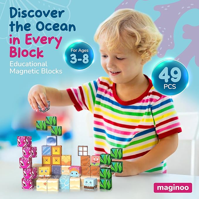 49PCS Mini Magnetic Blocks Ocean Theme – Sea Life Magnet Building Cubes with Storage Iron Box, STEM Educational Travel Toys for Kids Ages 3–8, Creative 3D Learning Construction Set