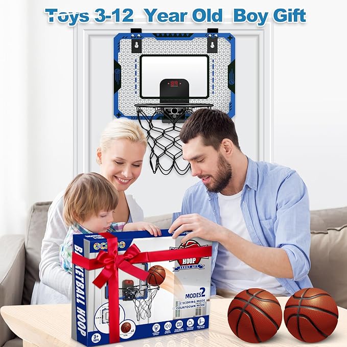 Indoor Basketball Hoop for Kids Age 5-10, with Electronic Scoreboard & 3 Balls - Over The Door Mini Hoop for Boys' Birthday
