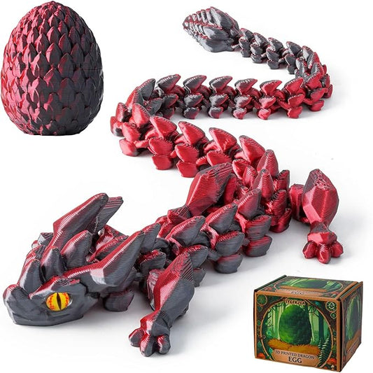 FYEFKJSA 3D Printed Dragon Eggs with Dragon Inside - 12Inch,Articulated Fidget 3D Printed Animals, Interesting Decorative Gift, Easter Basket Essentials Stuffers (Black Red)