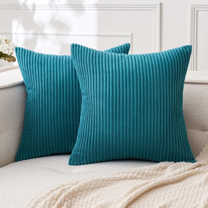 MIULEE Decorative Corduroy Throw Pillow Covers Set of 2 20x20 Teal | Soft Striped Textured Cushion Cases, Boho Coastal Square Pillowcases for Home Decor, for Couch Chair Sofa Bed Living Room