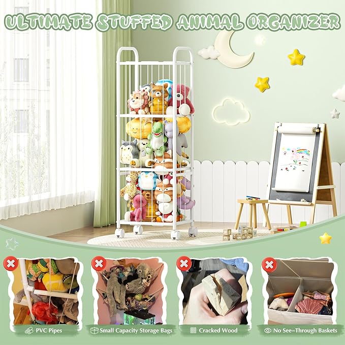 Stuffed Animal Storage Metal Tube Extra Large Toy Storage Organizer with Brake Wheels, Stuffed Animal Holder Zoo Organizer for Nursery Playroom Kids Room White(53.5” x 18.1”x 13”)