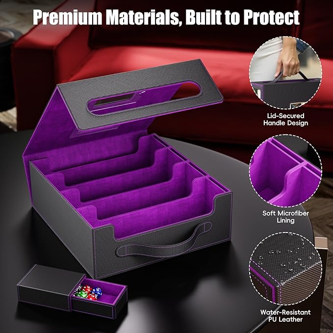 Trading Card Storage Box – 3500+ Magnetic MTG Deck Box with Handle,Commander & Toploader Display, Dice Box,4 Dividers & 30 Color Labels–Fits for TCG,MTG,Yu-Gi-Oh and Sport cards(Black/Purple)