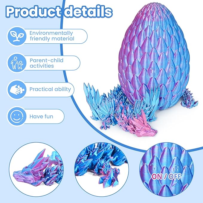 3D Printed Dragon Eggs with Articulated Fly Dragon Inside, Collectible Figurines Fidget Toy for Adults Kids Birthday Easter Christmas White Elephant Gifts for Friends Colleagues(Blue Pink, M size)