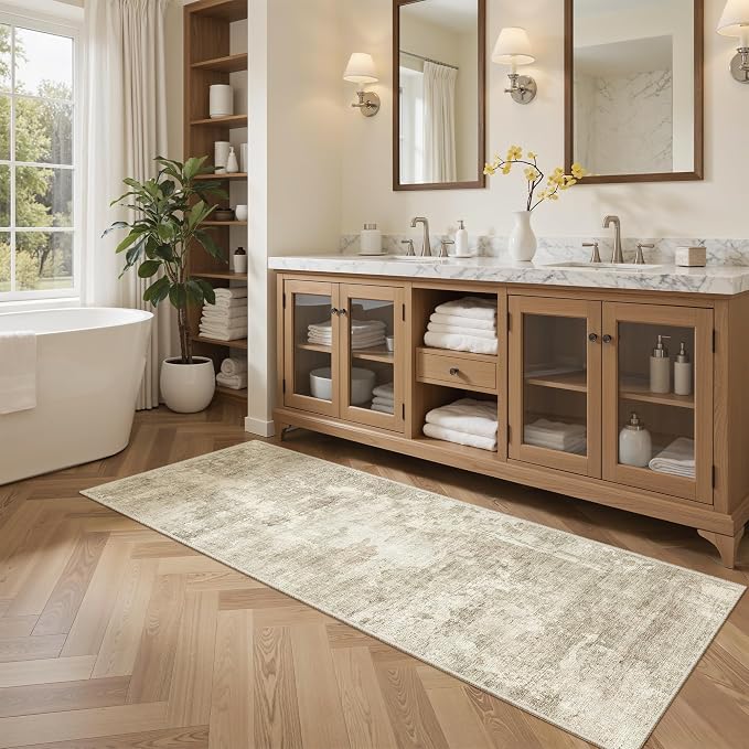 Soalmost Abstratc Runner Rug 2x6 Kitchen Hallway Runners Beige/Gray | Low-Pile Washable Rugs for Entry Bathroom Laundry Room, Vintage Foldable Floor Carpet Mat Entryway for Corridor Bedroom
