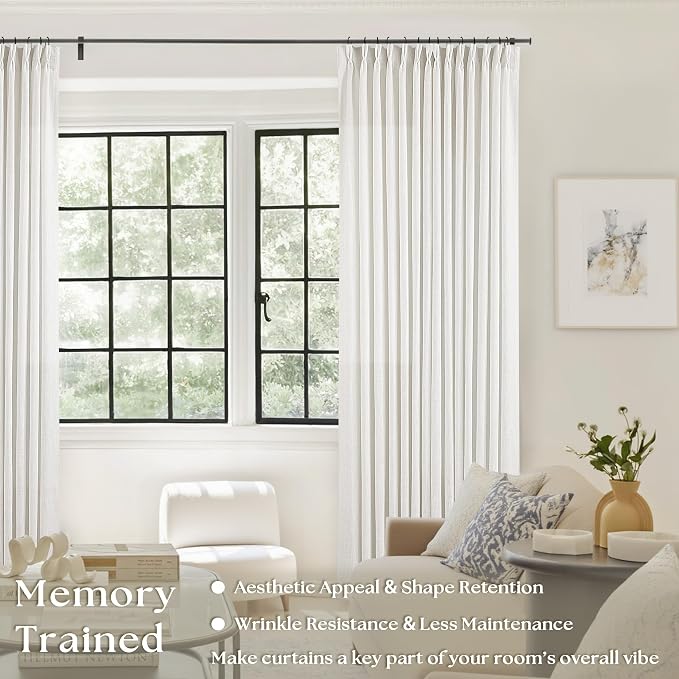 Pinch Pleated Linen Curtains 94 Inches Long for Living Room Bedroom Light Filtering Boho Window Drape 94 inch 2 Panels with Hooks Rings Cream Beige White Sliding Glass Door Semi Sheer Curtain