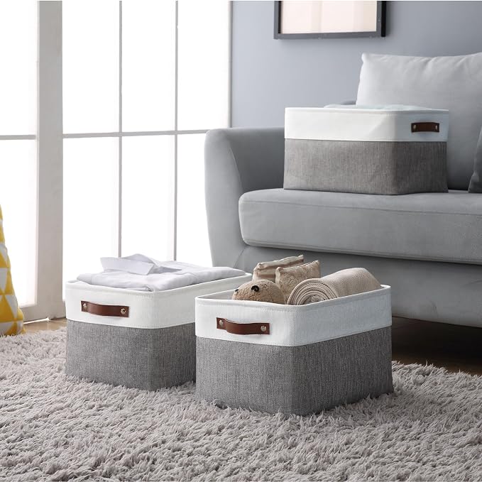 DECOMOMO Storage Bins, Extra Large Fabric Storage Baskets for Shelves 4Pack | 15.8 x 12.5 x 10 inches Decorative Linen Closet Organizers (Grey & White)