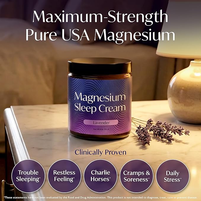 Magnesium Sleep Cream, USA-Made Topical Magnesium Lotion for Sleep, Lavender Lotion for Feet, Nighttime Mag Oil Body Butter, Foot Cream, Relaxing Rub for Muscles, 4oz