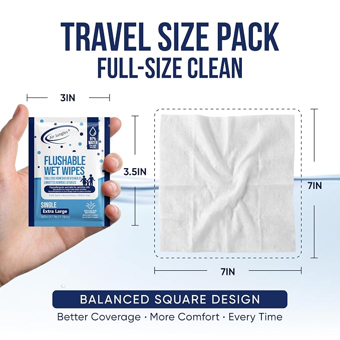 Air Jungles Flushable Wipes Travel Size Individually Wrapped 25 Ct | On-the-Go Butt Wipe with Aloe Vera & Vitamin E, Ultra Soft and Large for Adult and Kid, 97% Water - XL 7 X 7 in, Fresh Scent