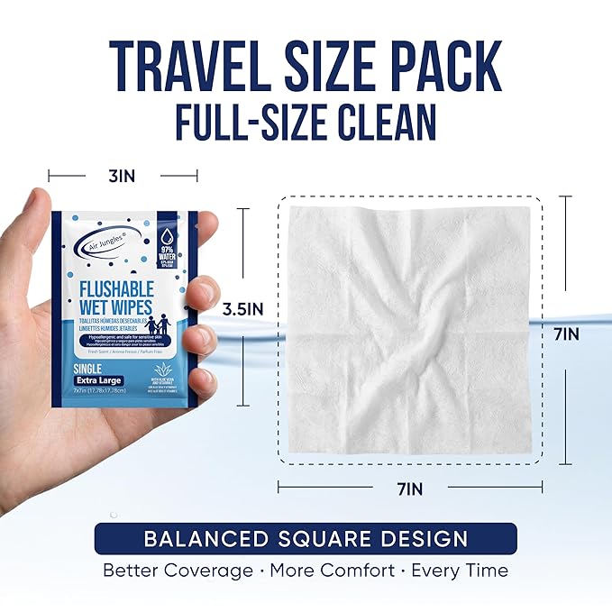 Air Jungles Flushable Wipes Travel Size Individually Wrapped 50 Ct | On-the-Go Butt Wipe with Aloe Vera & Vitamin E, Ultra Soft and Large for Adult and Kid, 97% Water - XL 7 X 7 in, Fresh Scent