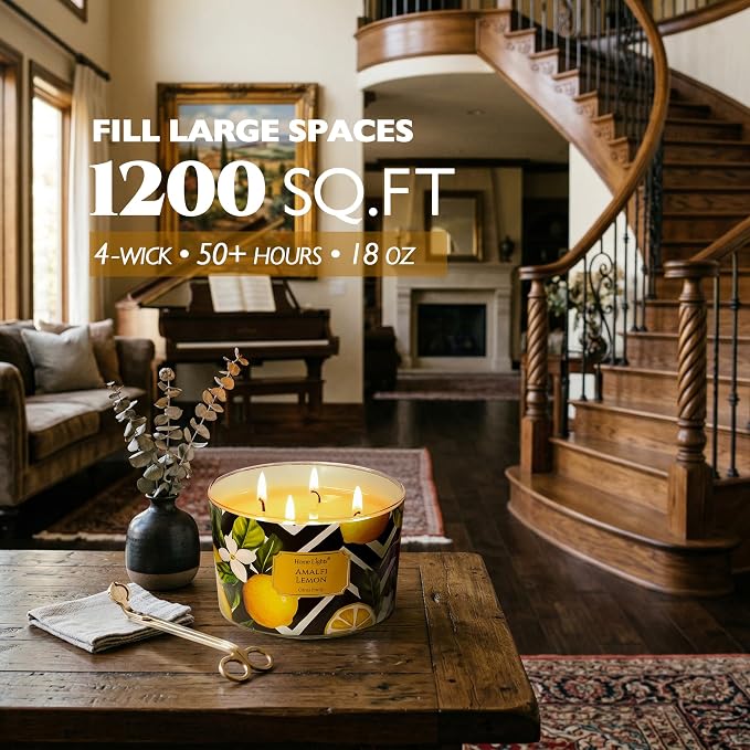 HomeLights Large jar Candle | 4-Wick Long-Lasting Scented Candles, 18oz Natural Soy Wax Candle for Home Scented, Eclectic Mixed Styles Gifts for Women & Men, Amalfi Lemon