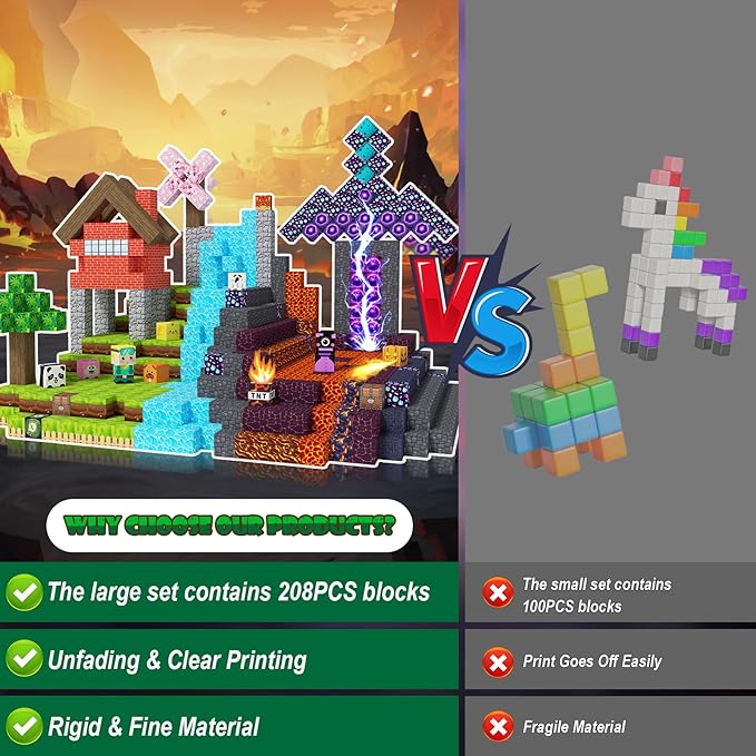 JOMBY 208 PCS Magnetic Blocks - Forest & Volcano Adventure Set, Magnetic Building Blocks Cubes, STEM Sensory Educational Magnet Stacking Toys Boys and Girls Age 3+ Years Old