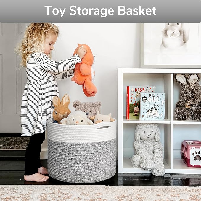 Goodpick Woven Blanket Basket Living Room, Toy Bin for Playroom, 45L | 15.8 x 15.8 x 13.8 In Toy Storage Basket for Nursery, Blanket Basket for Living room, Laundry Basket, Light & Grey