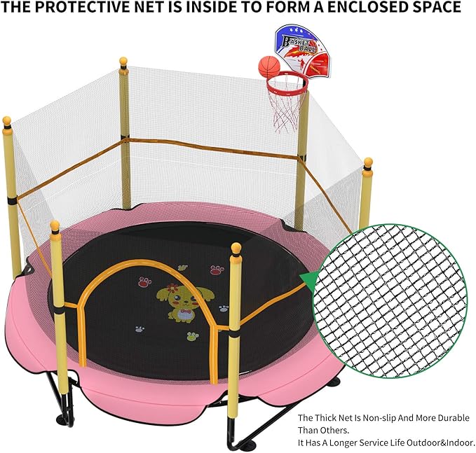 5FT Trampoline for Kids Toddler Indoor Trampoline with Safety Enclosure Net, Mini Basketball Hoop, Jumping Mat for Home Entertainment Equipment Outdoor Backyard Games