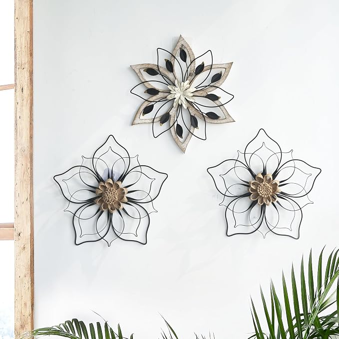 Remenna Whitewash Flowers Wood Wall Decor, Metal Rustic Wall Art Farmhouse Wall Decorations Multiple Floral Hanging Decor for Bathroom Living Room Home Office Garden Kitchen