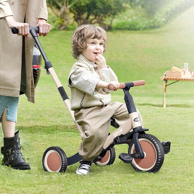 newyoo Toddler Tricycle with Push Handle for 1-3 Year Old, Toddler Bike, Birthday Gift and Toy for Boys and Girls, 5 in 1 Kids Trike, Balance Bike with Backrest and Safety Belt, Khaki, TR007