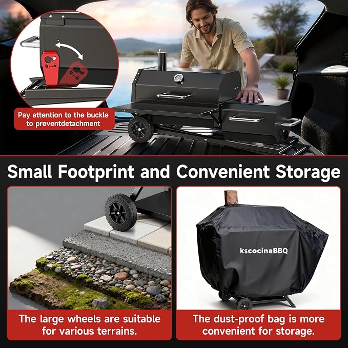 Portable Charcoal Grill with Smoking Function, Foldable Suitcase Design with Wheels, Multi-Tier Storage Rack & Waterproof Cover for Outdoor BBQ Parties (Black)