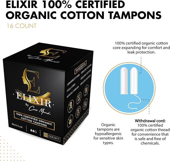 Elixir by Cocó March Organic Cotton Tampons for Women – Certified Organic, Hypoallergenic, Biodegradable Tube, Pull Cord, Sewing Thread, No Harsh Chemicals, High Absorption – Regular 16 Count